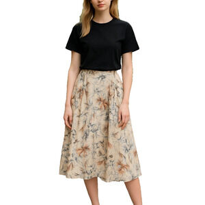 Alex Marie Apricot Pink Sunset Skies Floral Midi Skirt Pleated Cotton 6 NWOT